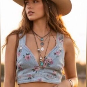 NWOT Wild Fable Floral Denim Bralette Crop Top Light Wash V-Neck Coastal Cowgirl